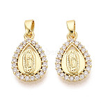 Religion Brass Micro Pave Cubic Zirconia Pendants, Teardrop with Virgin Mary Charms, Real 18K Gold Plated, 17x11x3mm, Hole: 4.5x2.5mm(KK-T073-46G)