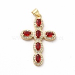 Rack Plating Brass Cubic Zirconia Pendants, Cadmium Free & Lead Free, Real 18K Gold Plated, Long-Lasting Plated, Religion Cross Charm, FireBrick, 33.5x22x3.5mm, Hole: 3.5x4.5mm(KK-G456-25G-03)