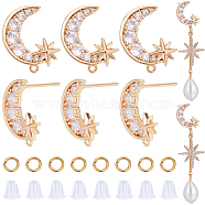 6Pcs Brass Pave Clear Cubic Zirconia Moon with Star Stud Earring Findings, with Horizontal Loops & 50Pcs Open Jump Rings & 50Pcs Plastic Ear Nuts, Real 18K Gold Plated, 16x13mm, Hole: 1mm(DIY-CN0002-74)
