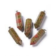Natural Unakite Double Terminated Pointed Pendants, with Platinum Tone Brass Findings, Bullet, 39x10x10mm, Hole: 3x6mm(G-G926-01P-04)