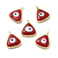 Handmade Lampwork Pendants, with Eco-friendly Light Gold Brass Findings, Long-Lasting Plated, Cadmium Free & Lead Free, Triangle with Evil Eye Charm, FireBrick, 16x13.5x4~4.5mm, Hole: 2mm(LAMP-C009-01LG-03)