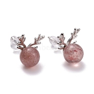 Rhodium Plated 925 Sterling Silver Antlers Stud Earrings, Strawberry Quartz Crystal Round Beads Dainty Earrings, Platinum, 12x9mm, Pin: 0.6mm(EJEW-M204-02P)
