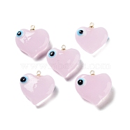 Handmade Evil Eye Lampwork Pendants, with Light Gold Tone Brass Findings, Long-Lasting Plated, Lead Free & Cadmium Free, Heart Charm, Pink, 19x17.5~18.5x8.5~9mm, Hole: 1.4mm(LAMP-M015-03G)