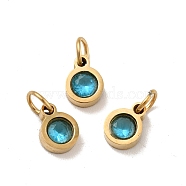 Vacuum Plating 304 Stainless Steel Pendants, with Cubic Zirconia and Jump Rings, Single Stone Charms, Flat Round, Golden, Cyan, 7.5x5.5x2.5mm, Hole: 3.6mm(STAS-D189-07G-A07)