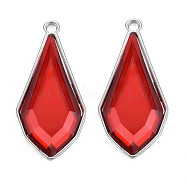 Faceted Glass Pendants, with Alloy Open Back Settings, Teardrop, Cadmium Free & Lead Free, Platinum, Red, 45.5x22x5.5mm, Hole: 3mm(PALLOY-N167-10-02P-RS)