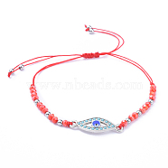 Adjustable Nylon Thread Braided Bead Bracelets, with 201 Stainless Steel Beads, Glass Beads and Alloy Enamel Links, Evil Eye, Red, Inner Diameter: 1-3/8 inch~3-1/4 inch(3.3~8.2cm)(BJEW-JB05157-02)
