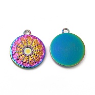 Ion Plating(IP) 304 Stainless Steel Pendant Cabochon Settings, Flat Round with Sun, Rainbow Color, Tray: 3mm, 18.5x16x2mm, Hole: 1.6mm(STAS-A070-17MC)