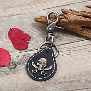 Leather Skull Keychains, with Alloy Clasps, Teardrop, Black, 120mm(PW23073147701)