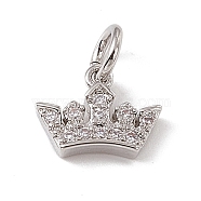 Brass Micro Pave Cubic Zirconia Charm, with Jump Rings, Crown Charm, Platinum, 7x9x2mm, Hole: 2.7mm(ZIRC-F132-96P)