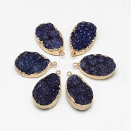 Natural Druzy Agate Pendants, Dyed, teardrop, with Golden Tone Brass Findings, Midnight Blue, 27~35x17~21x5~12mm, Hole: 1~2mm(G-Q494-68D)