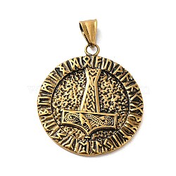 304 Stainless Steel Big Pendants, Flat Round with Thor's Hammer & Six-character Mantra, Antique Golden, 52x38x3mm, Hole: 9mm(STAS-D091-09AG)