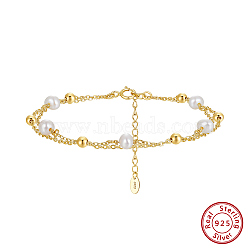 925 Sterling Silver Satellite Chains Double Layer Multi-strand Bracelet, with Natural Pearl, Real 14K Gold Plated, 6-1/2 inch(16.4cm)(BJEW-Z025-02G)