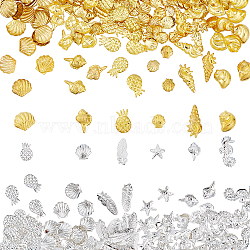 CHGCRAFT 8 Bags 2 Colors Brass Cabochons, Nail Art Decoration Accessories, Shell Shape & Pineapple & Spiral Shell Shape, Platinum & Golden, 3~9x3~8x1mm, 4 bags/color(MRMJ-CA0001-14)