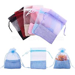 Organza Bags, with Burlap Cloth, Drawstring Bags, Rectangle, Mixed Color, 13.2~14.2x9.6~10.2cm, 4pcs/color, 24pcs/set(OP-PH0001-15)