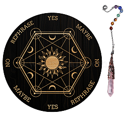 AHADEMAKER 1Pc Natural Rose Quartz Dowsing Pendulum Pendant, with 1Pc Wood Custom Pendulum Board, for Witchcraft Wiccan Altar Supplies, Sun Pattern, Pendant: 29~29.7cm, Board: 20x0.4cm(DIY-GA0003-53A)