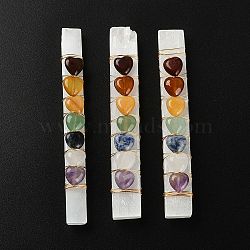 Chakra Jewelry, Natural Selenite Home Decorations, with Brass Wire Wrapped and Natural Gemstone Heart Beads, Rectangle, 90~110x10~15x5~8mm(G-YW0001-22)