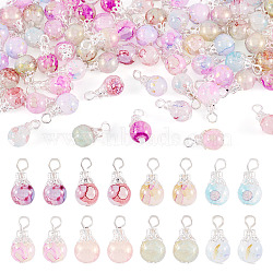 80Pcs 8 Colors Baking Paint Crackle Glass Pendants, with Silver Iron Bead Caps, Mixed Color, 16mm, Hole: 2mm, 10pcs/color(PALLOY-TAC0186)