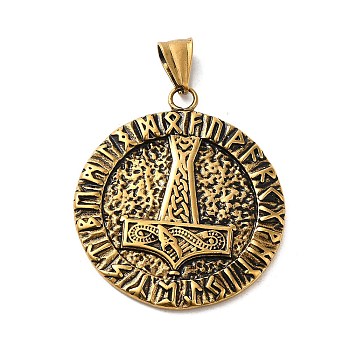 304 Stainless Steel Big Pendants, Flat Round with Thor's Hammer & Six-character Mantra, Antique Golden, 52x38x3mm, Hole: 9mm