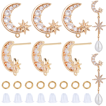 6Pcs Brass Pave Clear Cubic Zirconia Moon with Star Stud Earring Findings, with Horizontal Loops & 50Pcs Open Jump Rings & 50Pcs Plastic Ear Nuts, Real 18K Gold Plated, 16x13mm, Hole: 1mm