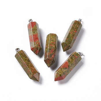 Natural Unakite Double Terminated Pointed Pendants, with Platinum Tone Brass Findings, Bullet, 39x10x10mm, Hole: 3x6mm