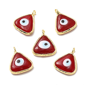 Handmade Lampwork Pendants, with Eco-friendly Light Gold Brass Findings, Long-Lasting Plated, Cadmium Free & Lead Free, Triangle with Evil Eye Charm, FireBrick, 16x13.5x4~4.5mm, Hole: 2mm