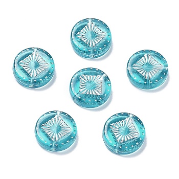 Plating Transparent Acrylic Beads, Metal Enlaced, Flat Round with Rhombus Pattern, Dark Turquoise, 15~15.5x4.5~5mm, Hole: 1.8mm, about 606pcs/500g