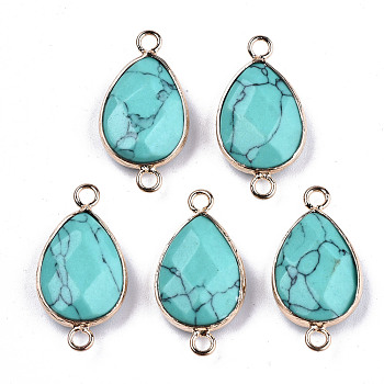 Synthetic Turquoise Links Connectors, with Light Gold Tone Brass Findings, Faceted Teardrop, 27x14x6mm, Hole: 2mm