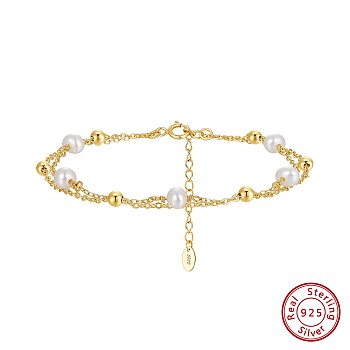 925 Sterling Silver Satellite Chains Double Layer Multi-strand Bracelet, with Natural Pearl, Real 14K Gold Plated, 6-1/2 inch(16.4cm)
