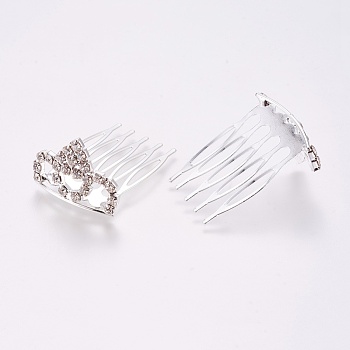 Rhinestone Hair Combs, with Iron Base, Bridal Tiaras For Wedding, Crown, Silver Color Plated, 41x26mm, Crown: 21.5x30.5x4.5mm
