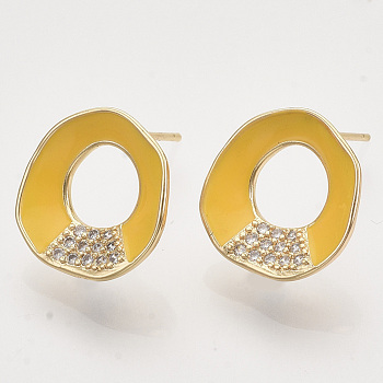 Brass Micro Pave Cubic Zirconia Stud Earring Findings, Enamel and Loop, Nickel Free, Real 18K Gold Plated, Ring, Yellow, 15x14.5mm, Hole: 1mm, Pin: 0.7mm