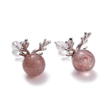 Rhodium Plated 925 Sterling Silver Antlers Stud Earrings, Strawberry Quartz Crystal Round Beads Dainty Earrings, Platinum, 12x9mm, Pin: 0.6mm
