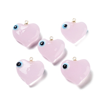 Handmade Evil Eye Lampwork Pendants, with Light Gold Tone Brass Findings, Long-Lasting Plated, Lead Free & Cadmium Free, Heart Charm, Pink, 19x17.5~18.5x8.5~9mm, Hole: 1.4mm