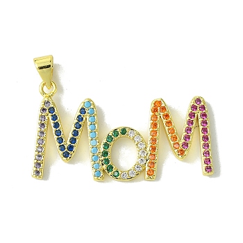 Mother's Day Real 18K Gold Plated Brass Micro Pave Cubic Zirconia Pendants, Word Mom, Colorful, 19x33.5x2mm, Hole: 5x3.5mm