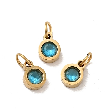 Vacuum Plating 304 Stainless Steel Pendants, with Cubic Zirconia and Jump Rings, Single Stone Charms, Flat Round, Golden, Cyan, 7.5x5.5x2.5mm, Hole: 3.6mm