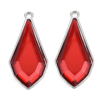 Faceted Glass Pendants, with Alloy Open Back Settings, Teardrop, Cadmium Free & Lead Free, Platinum, Red, 45.5x22x5.5mm, Hole: 3mm