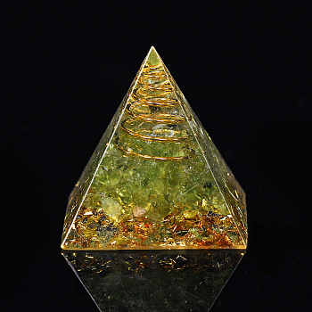 Orgonite Pyramid Resin Display Decorations, with Brass Findings, Gold Foil and Natural Peridot Chips Inside, for Home Office Desk, 30mm