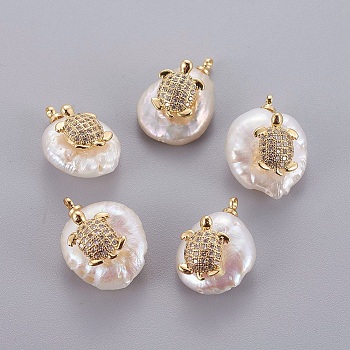 Natural Cultured Freshwater Pearl Pendants, with Brass Micro Pave Cubic Zirconia Cabochons, Nuggets with Tortoise, Clear, Golden, 14~28x12~22x5~12mm, Hole: 1.2mm