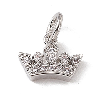 Brass Micro Pave Cubic Zirconia Charm, with Jump Rings, Crown Charm, Platinum, 7x9x2mm, Hole: 2.7mm