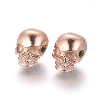 Ion Plating(IP) 304 Stainless Steel Beads, Skull, Rose Gold, 11x8x10mm, Hole: 2.5mm