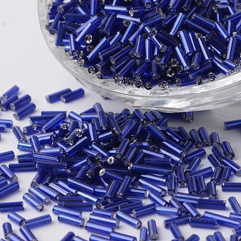 Silver Lined Glass Bugle Beads, Round Hole, Royal Blue, 6~7x1.5~2mm, Hole: 0.5mm, about 12500pcs/bag