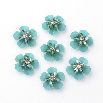 Handmade Paillette Ornament Accessories, with Glass and Fabrics Pads, Flower, Dark Turquoise, 20x19x6.5mm
