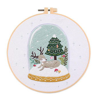DIY Christmas Theme Embroidery Kits, Including Printed Cotton Fabric, Embroidery Thread & Needles, Plastic Embroidery Hoop, Deer, 200x200mm