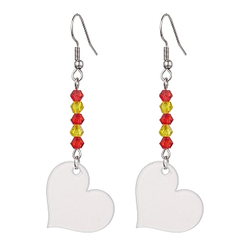 Blank Acrylic Dangle Earrings, with Glass Beaded, Heart, 69x24.5mm