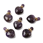 Natural Amethyst Pendants, Openable Perfume Bottle, with Golden Tone Brass Findings, Heart Shape, 33~35x22~23x12~13mm, Hole: 3.5mm, capacity: 1ml(0.03 fl. oz)(G-H252-C03-01)