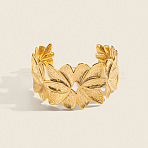 304 Stainless Steel Vintage Flower Wide Open Cuff Bangles for Women, Real 18K Gold Plated, Inner Diameter: 2.40 inch(6.1cm)(DF2042)