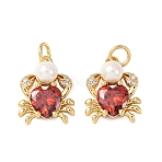 Brass Micro Pave Cubic Zirconia Pendants, with ABS Plastic Imitation Pearl, Crab Charms, Cadmium Free & Lead Free, Rack Plating, Long-Lasting Plated, with Jump Ring, Real 18K Gold Plated, 15x12.5x6mm, Hole: 3.5mm(KK-C143-28G)