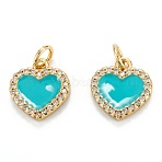 Brass Micro Pave Clear Cubic Zirconia Pendants, Cadmium Free & Lead Free, with Enamel, Real 18K Gold Plated, Long-Lasting Plated, Heart, Medium Turquoise, 12x11x2mm, Hole: 3.2mm(ZIRC-M115-43G-A)