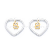 201 Stainless Steel Pendants, Hollow, Heart with Letter A~Z, Real Gold Plated & Stainless Steel Color, Letter.S, 29x29.5x1mm, Hole: 2mm, A~Z: 12x8~10.5x1mm(STAS-N090-LA894-S-P)