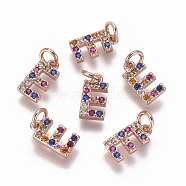 Brass Micro Pave Cubic Zirconia Charms, Letter, Colorful, Rose Gold, Letter.E, 9.5x4.8x1.7mm, Hole: 2mm(ZIRC-L070-38E-RG)