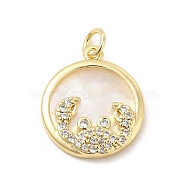 Brass Clear Cubic Zirconia with Shell Pendants, Flat Round Charms with Constellation Pattern, Golden, Cancer, 17x15x3mm, Hole: 3mm(KK-G450-02G-01)